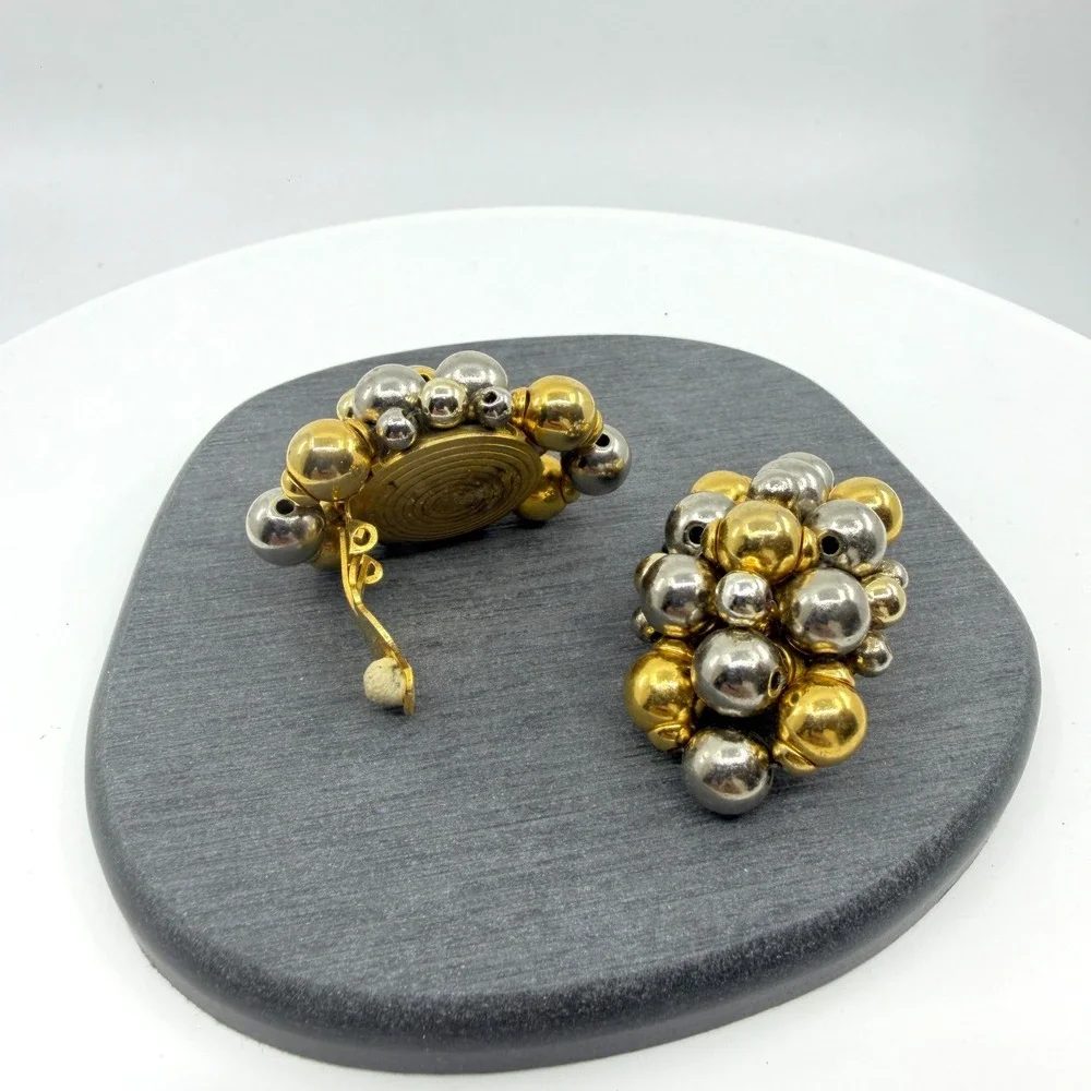 Gold & Silver Tone Bead Cluster Clip On Earrings Chunky Statement Jewelry Gift